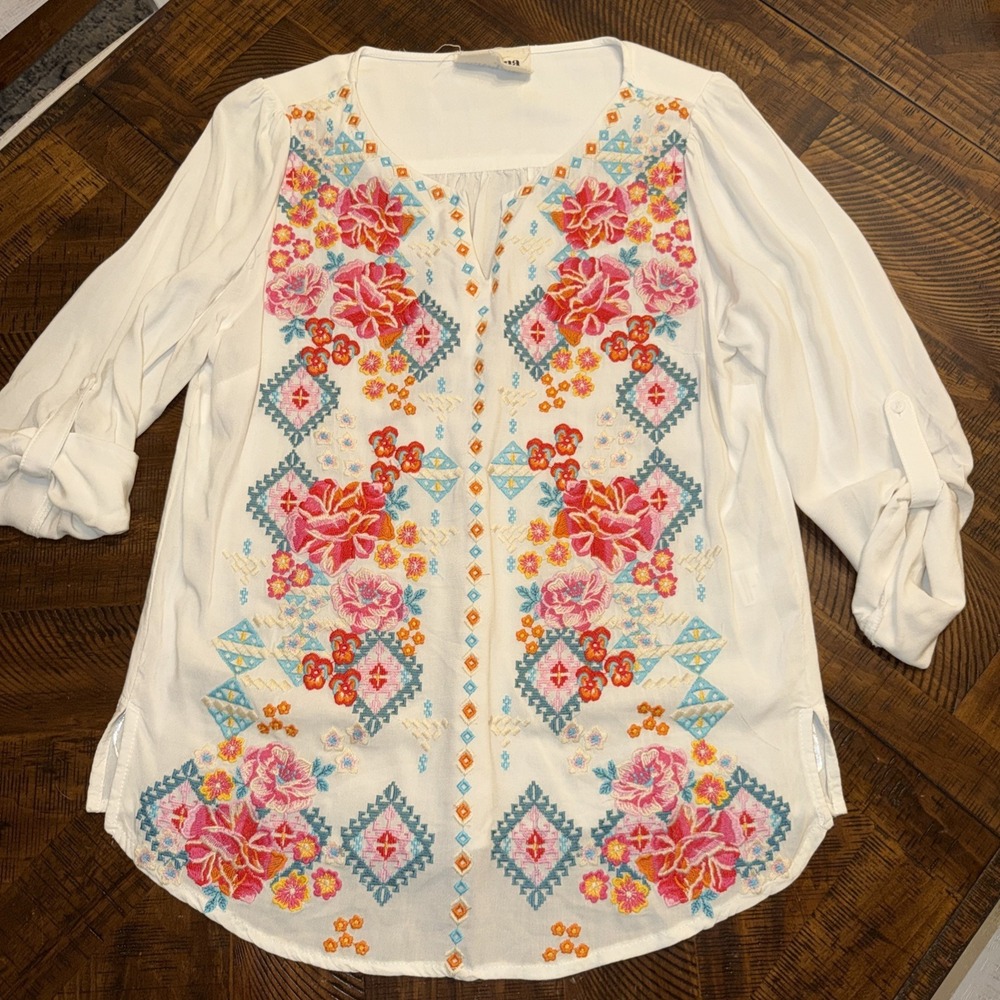 Savanna Jane White‎ Embroidered 3/4 Roll Sleeve  Boho Praire Cottagecore Top S